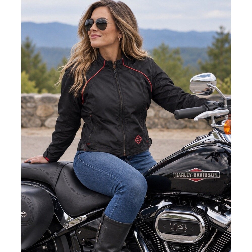 Harley-Davidson Women’s Medium Black Nylon Riding Jacket Red Embroidered 2004